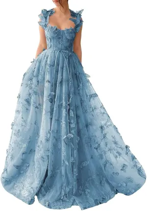 a line Butterfly Floral Pageant Party Dress lace Appliques Spaghetti Strapless Prom Dresses with Slit