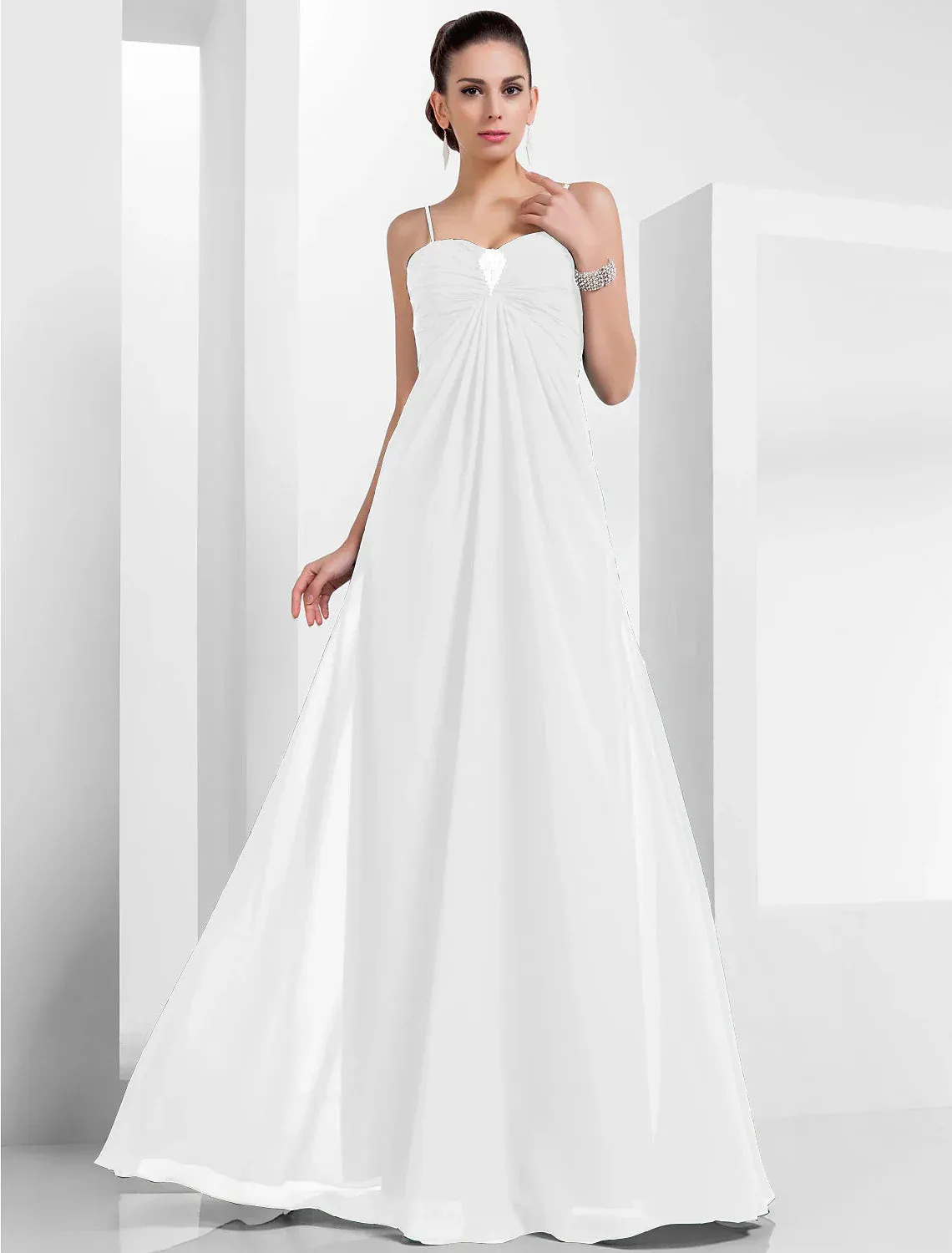 A-Line Empire Holiday Formal Evening Dress Spaghetti Strap Sleeveless Floor Length Chiffon with Crystals
