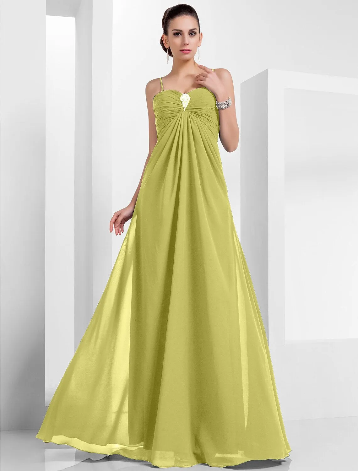 A-Line Empire Holiday Formal Evening Dress Spaghetti Strap Sleeveless Floor Length Chiffon with Crystals
