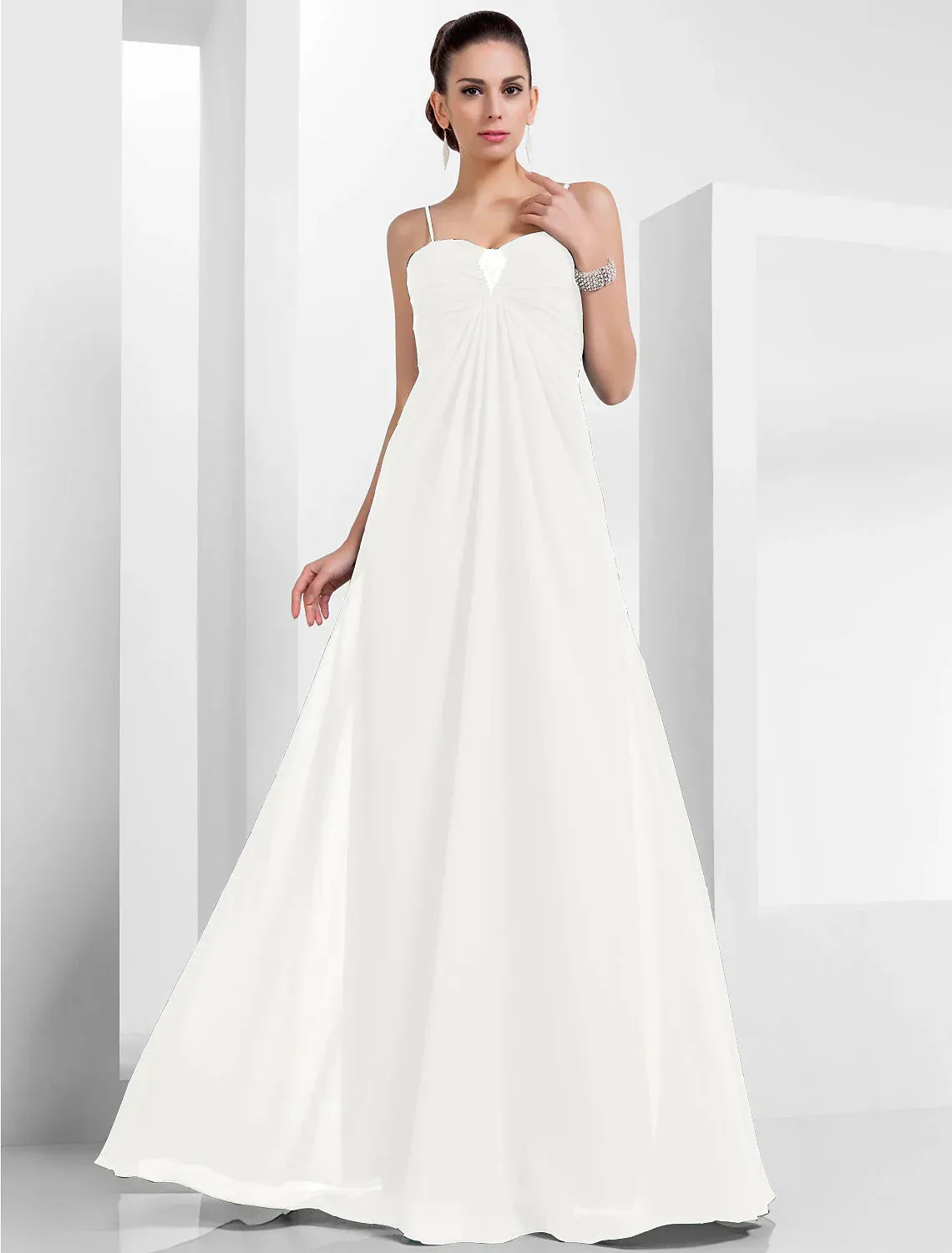 A-Line Empire Holiday Formal Evening Dress Spaghetti Strap Sleeveless Floor Length Chiffon with Crystals