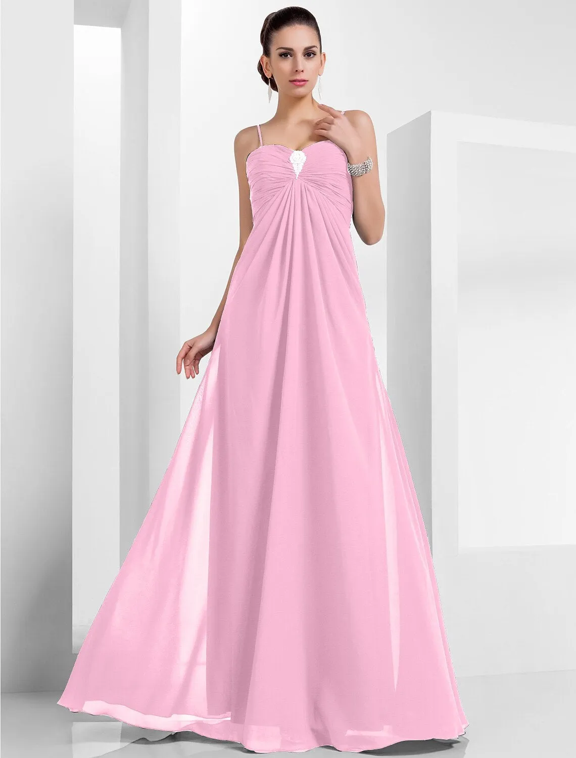 A-Line Empire Holiday Formal Evening Dress Spaghetti Strap Sleeveless Floor Length Chiffon with Crystals