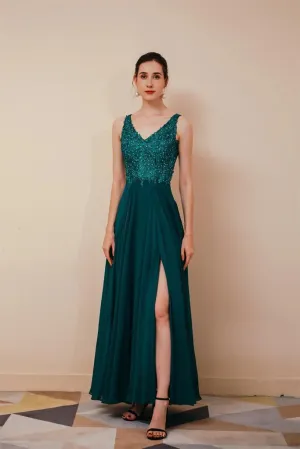 A Line Evening Dress V Neck Long Sleeveless Chiffon Prom Dress With Appliques
