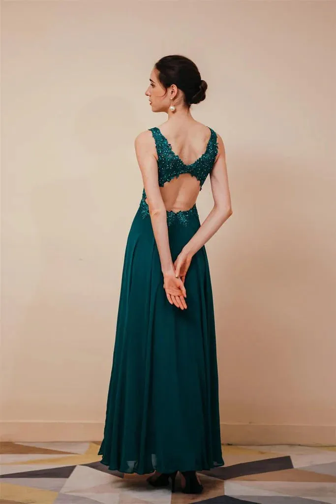 A Line Evening Dress V Neck Long Sleeveless Chiffon Prom Dress With Appliques