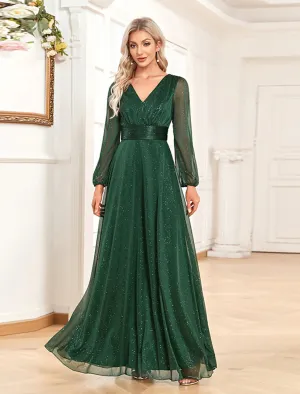 A-Line Evening Gown Elegant Dress Formal Floor Length Long Sleeve V Neck Chiffon with Sequin