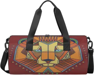Abstract Art Ethnic Style Lion Head Sports Duffel Bag, Gym Tote Bag Waterproof Weekender Travel Bag for Overnight Travel Luggage Workout Women Men