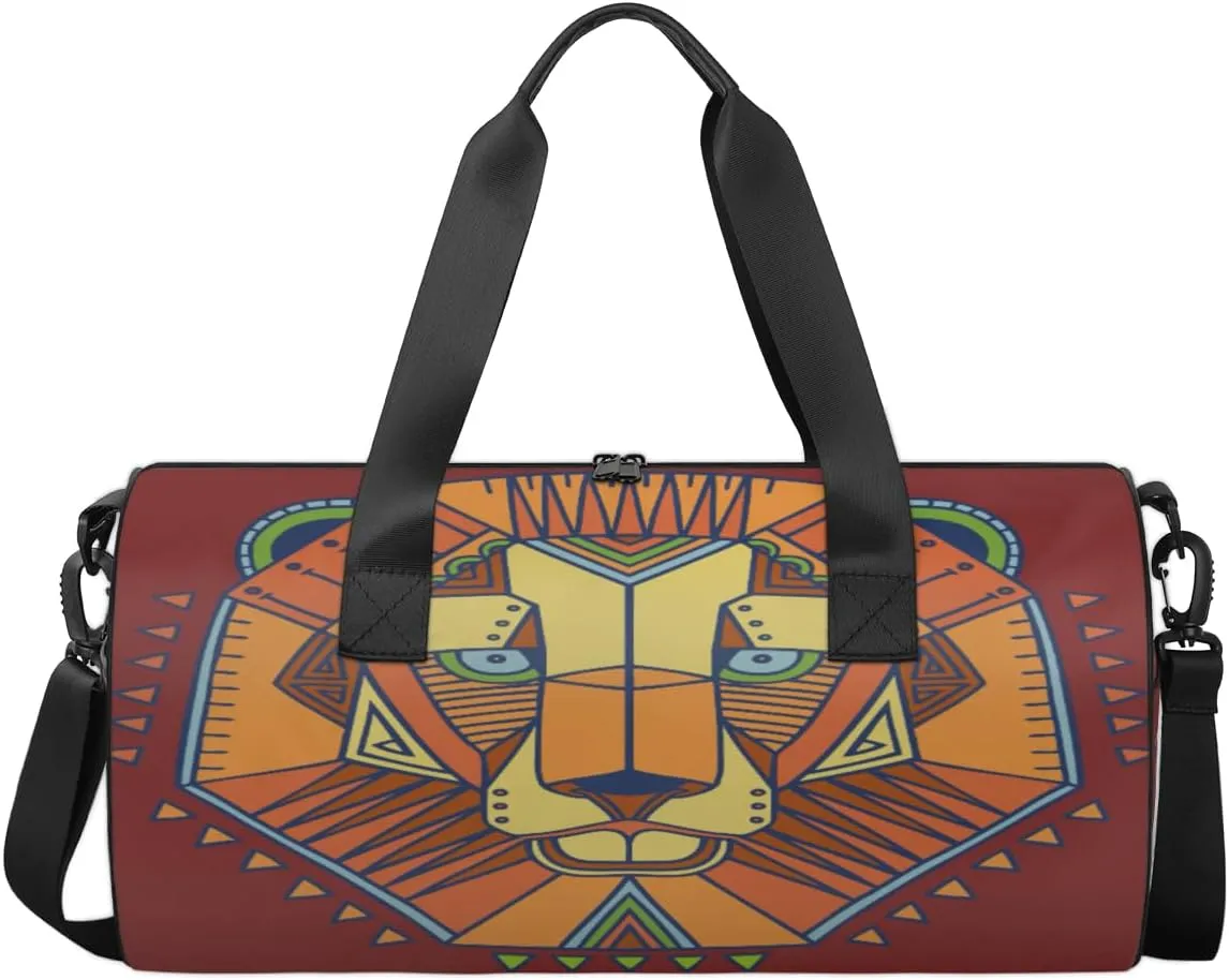 Abstract Art Ethnic Style Lion Head Sports Duffel Bag, Gym Tote Bag Waterproof Weekender Travel Bag for Overnight Travel Luggage Workout Women Men