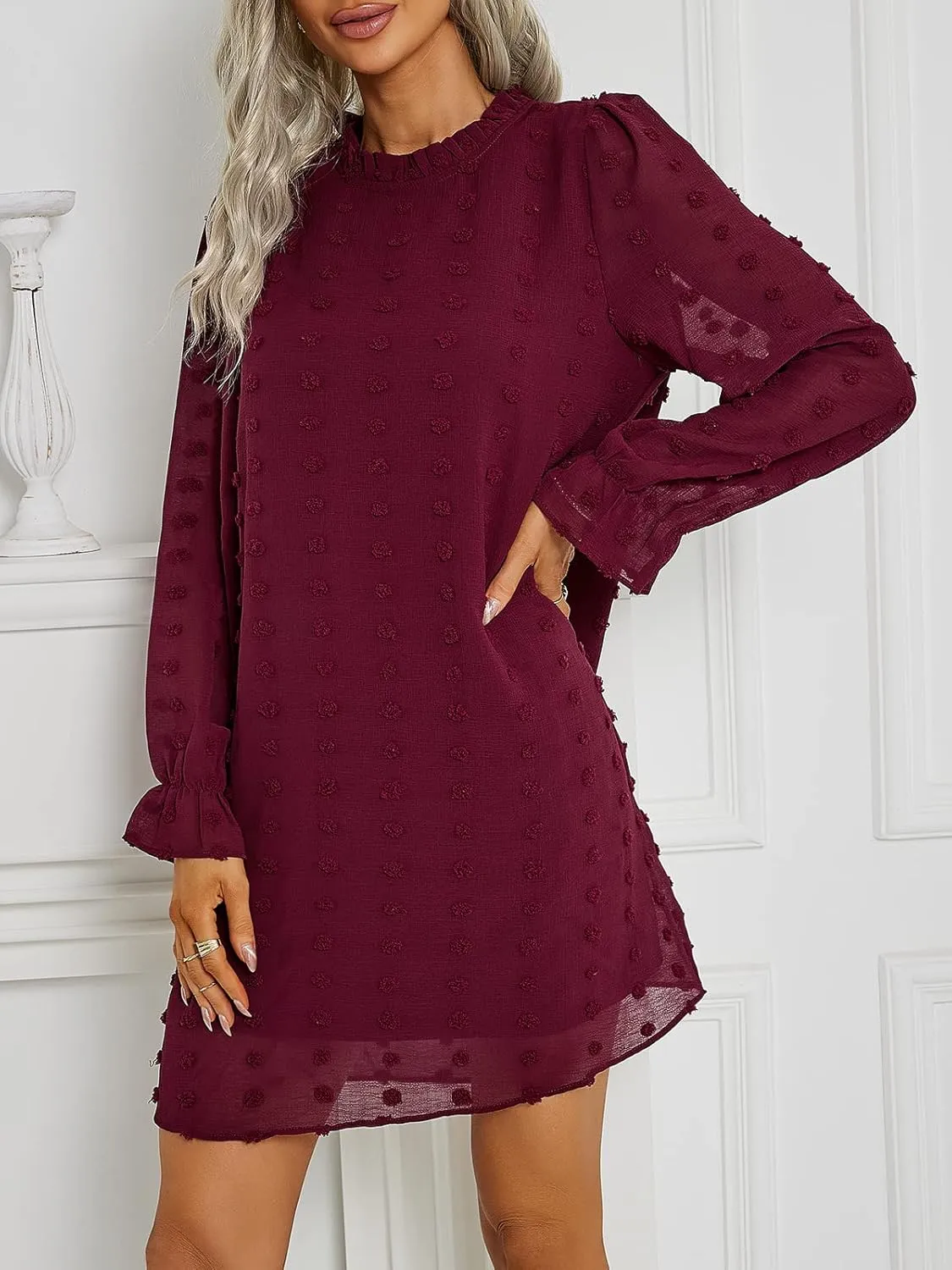 Adibosy Women Dress Long Sleeve: Flowy Wedding Guest Casual Mini Dresses for Womens Swiss Dot Chiffon Short Dress