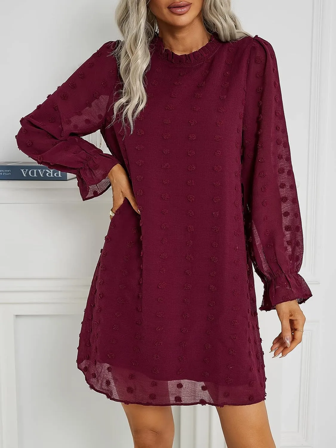 Adibosy Women Dress Long Sleeve: Flowy Wedding Guest Casual Mini Dresses for Womens Swiss Dot Chiffon Short Dress