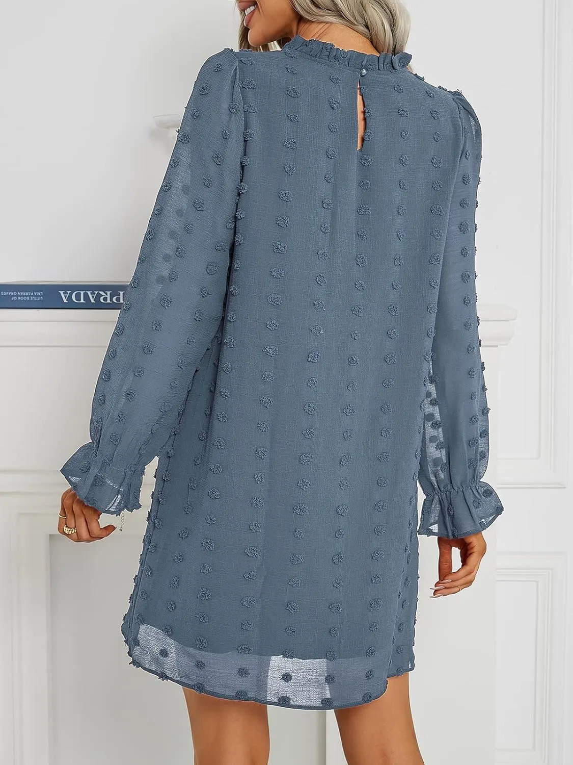Adibosy Women Dress Long Sleeve: Flowy Wedding Guest Casual Mini Dresses for Womens Swiss Dot Chiffon Short Dress