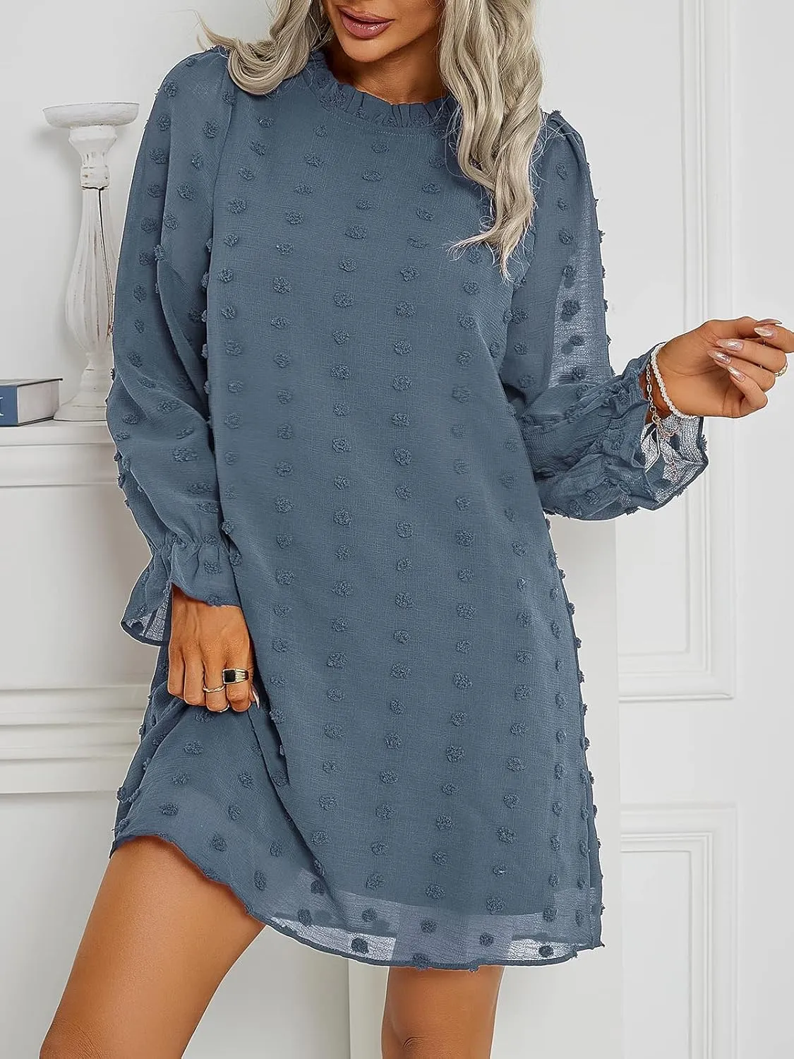 Adibosy Women Dress Long Sleeve: Flowy Wedding Guest Casual Mini Dresses for Womens Swiss Dot Chiffon Short Dress