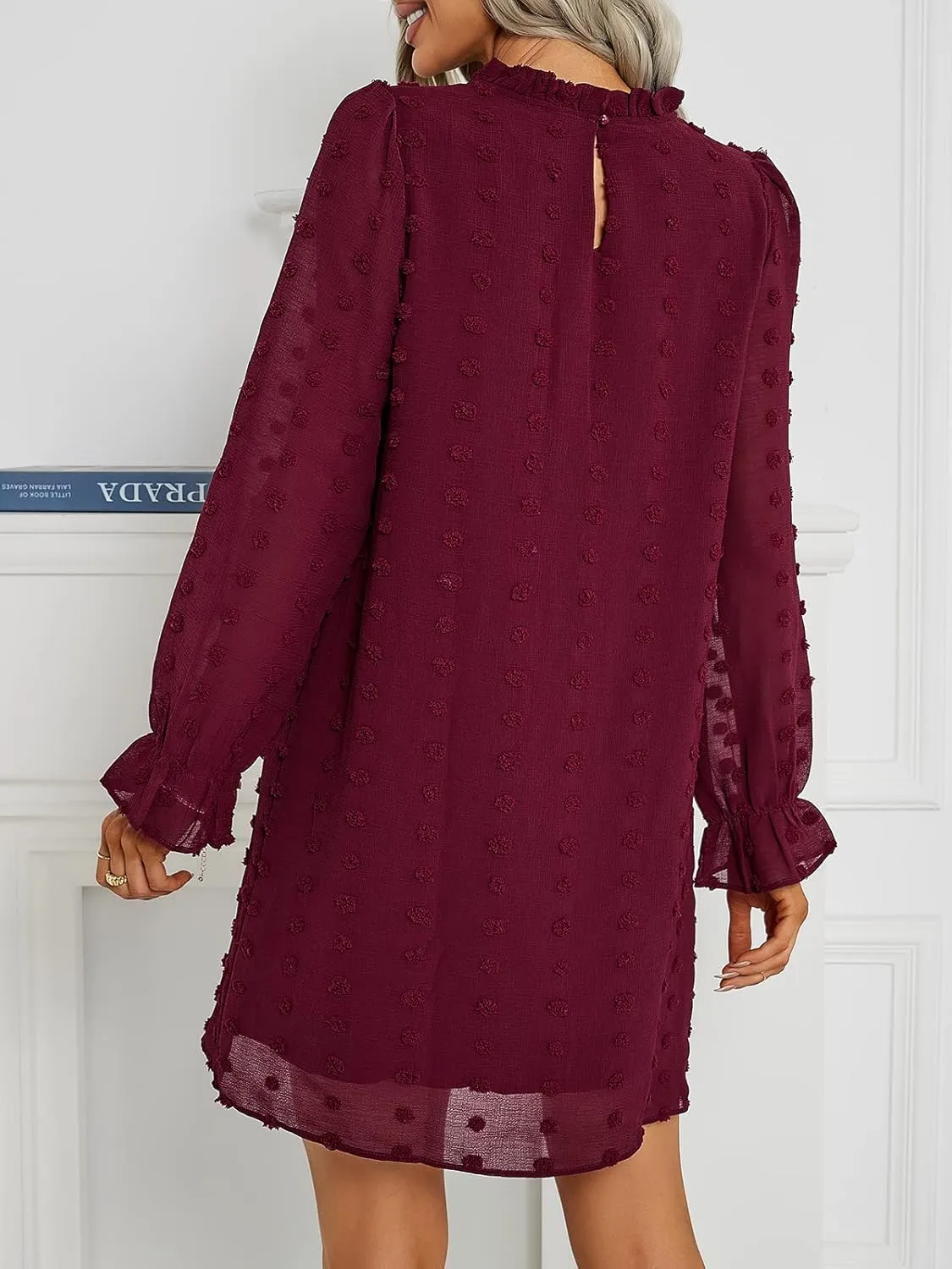Adibosy Women Dress Long Sleeve: Flowy Wedding Guest Casual Mini Dresses for Womens Swiss Dot Chiffon Short Dress