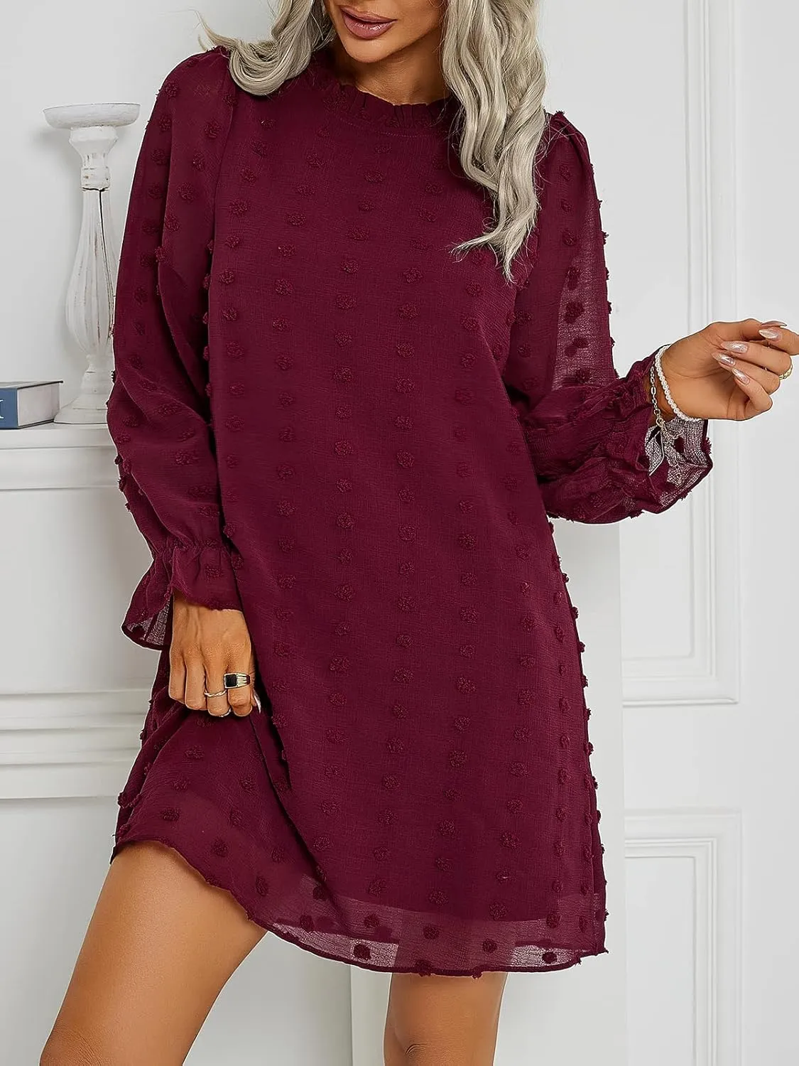 Adibosy Women Dress Long Sleeve: Flowy Wedding Guest Casual Mini Dresses for Womens Swiss Dot Chiffon Short Dress