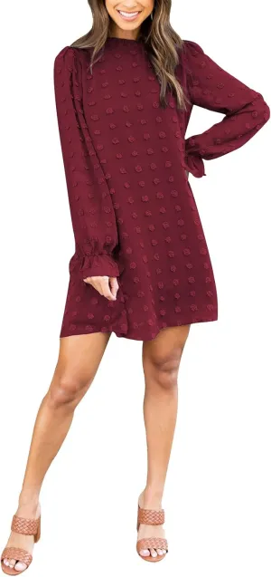Adibosy Women Dress Long Sleeve: Flowy Wedding Guest Casual Mini Dresses for Womens Swiss Dot Chiffon Short Dress