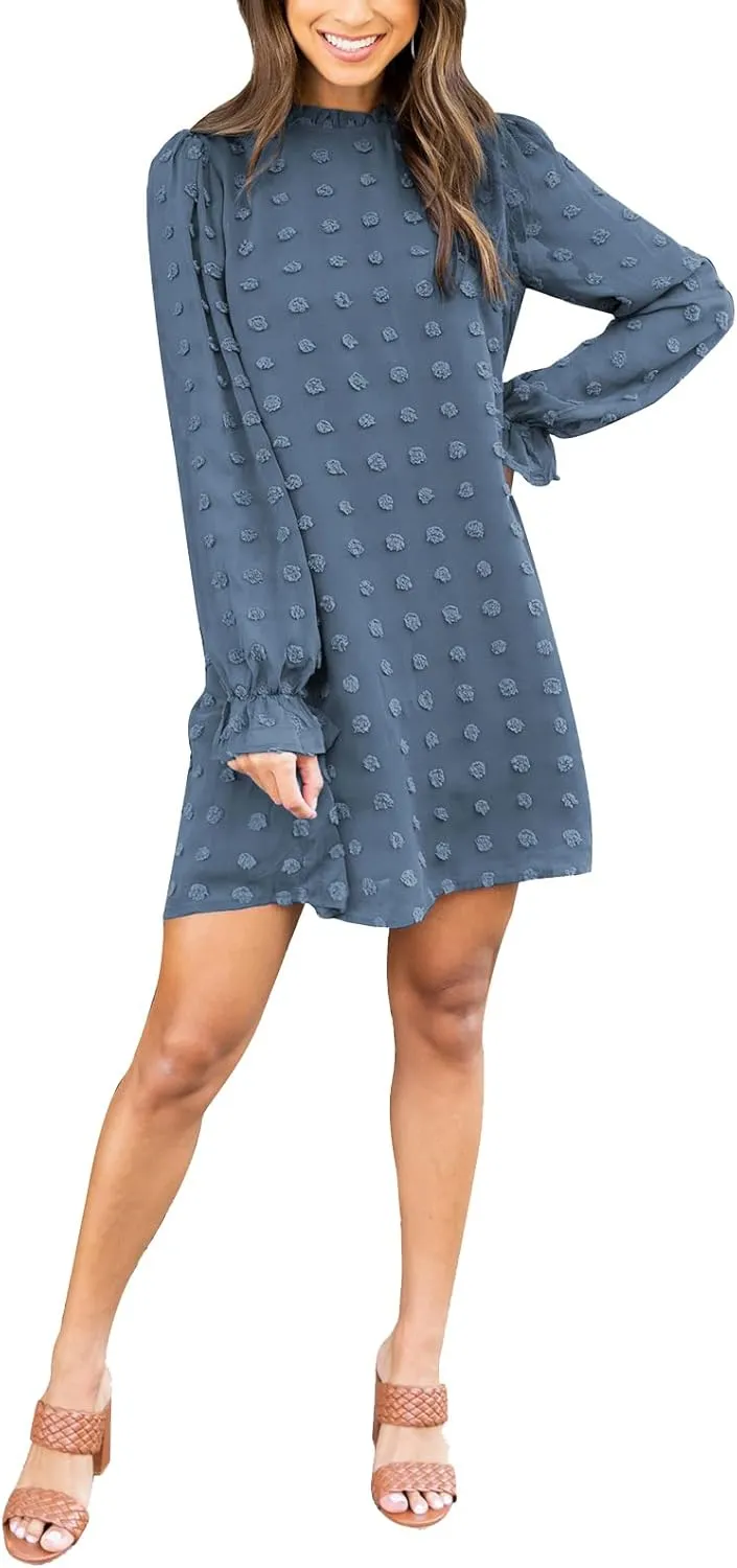 Adibosy Women Dress Long Sleeve: Flowy Wedding Guest Casual Mini Dresses for Womens Swiss Dot Chiffon Short Dress