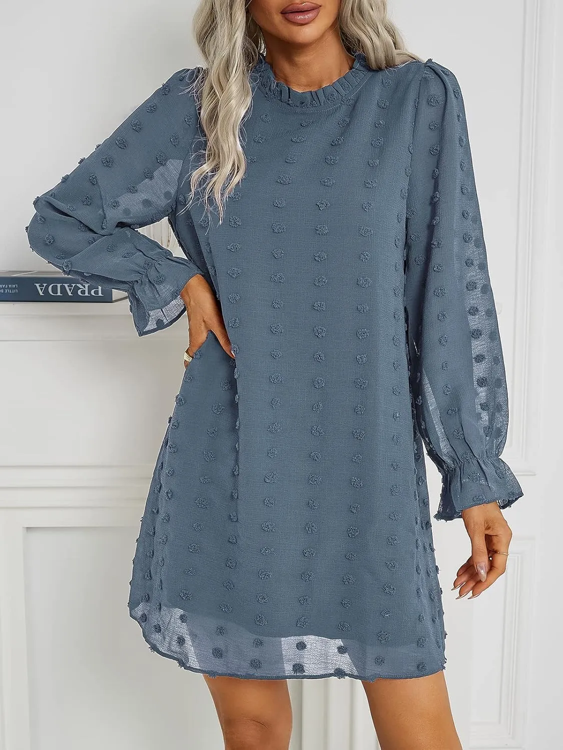 Adibosy Women Dress Long Sleeve: Flowy Wedding Guest Casual Mini Dresses for Womens Swiss Dot Chiffon Short Dress