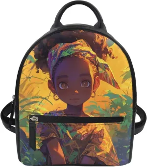 African Girls Print School Backpack Girls Fashion College Backpack Purse Casual Rucksack Daily Using Mini Backpack Book Bag with PU Leather for Travel