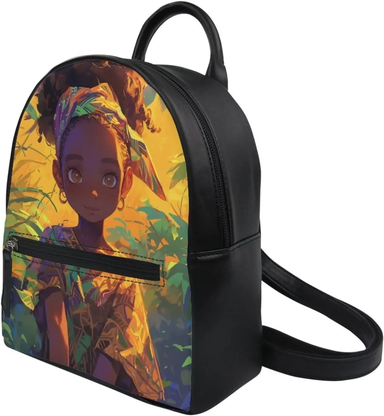 African Girls Print School Backpack Girls Fashion College Backpack Purse Casual Rucksack Daily Using Mini Backpack Book Bag with PU Leather for Travel