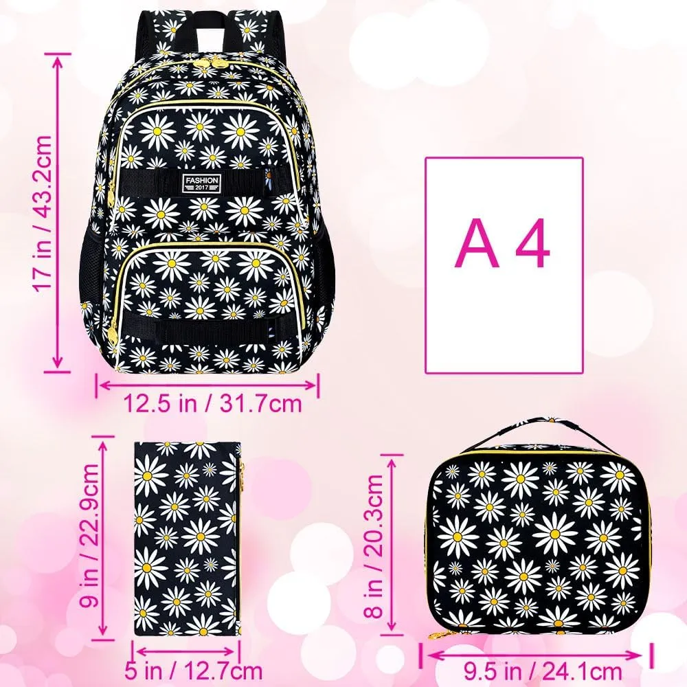 AGSDON 3PCS Backpacks for Girls, 17" Laptop School Bookbag Teen College Water Resistant Girl Backpack with Lunch Box Set - Black