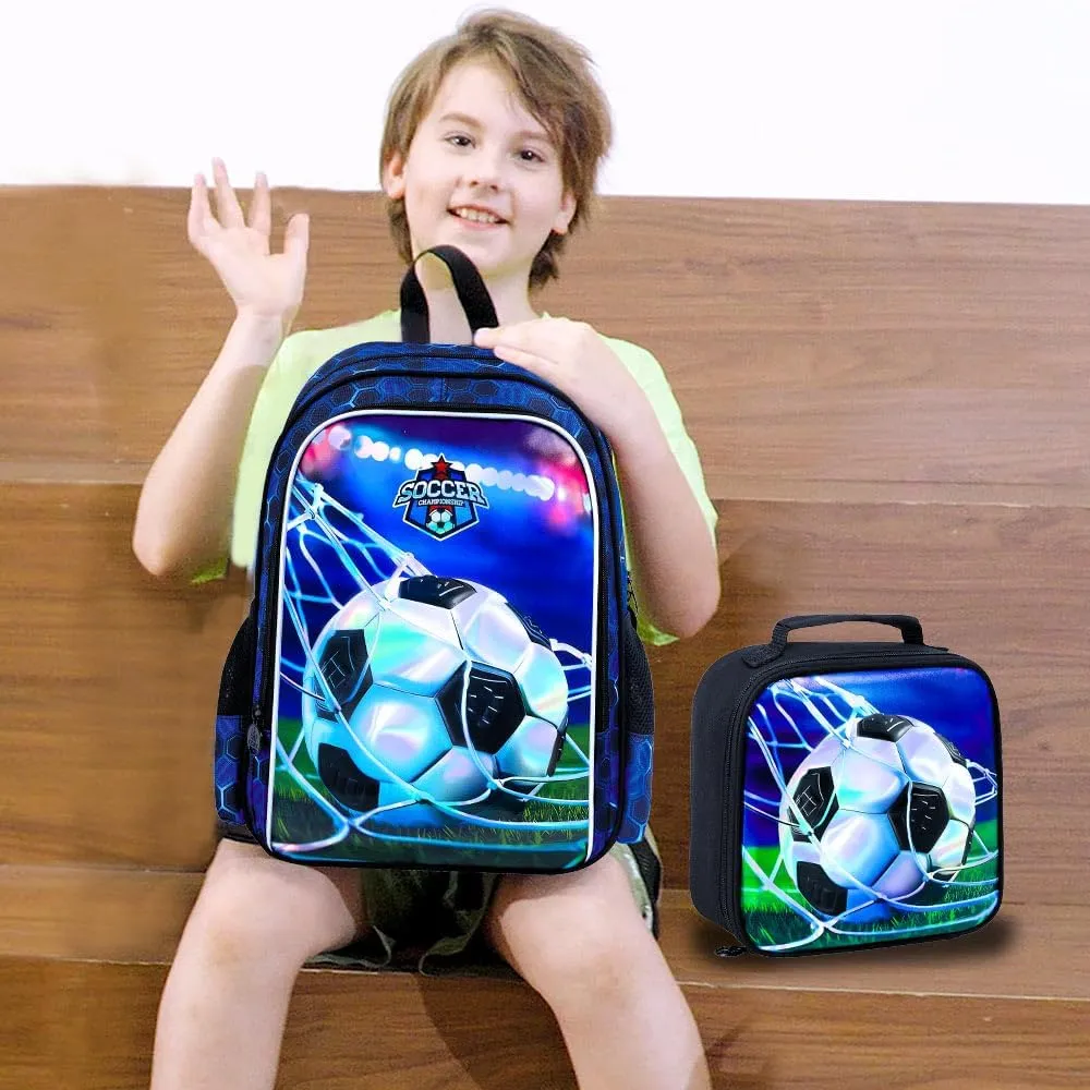 AGSDON 3PCS Football Backpacks for Boys, 16" Kids Bookbag Water Resistant for Boy, Lightweight Backpack with Lunch Box Pencil Case