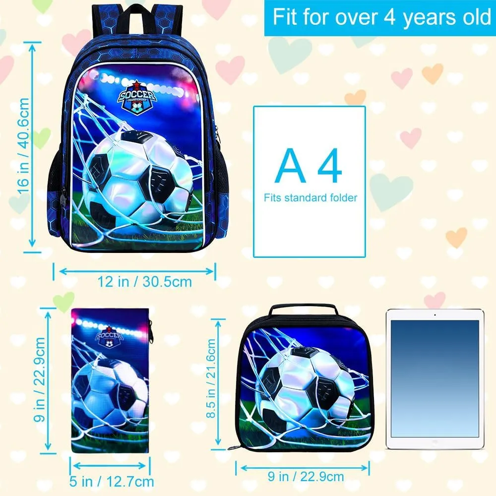AGSDON 3PCS Football Backpacks for Boys, 16" Kids Bookbag Water Resistant for Boy, Lightweight Backpack with Lunch Box Pencil Case