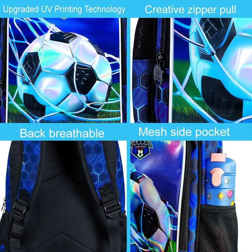 AGSDON 3PCS Football Backpacks for Boys, 16" Kids Bookbag Water Resistant for Boy, Lightweight Backpack with Lunch Box Pencil Case