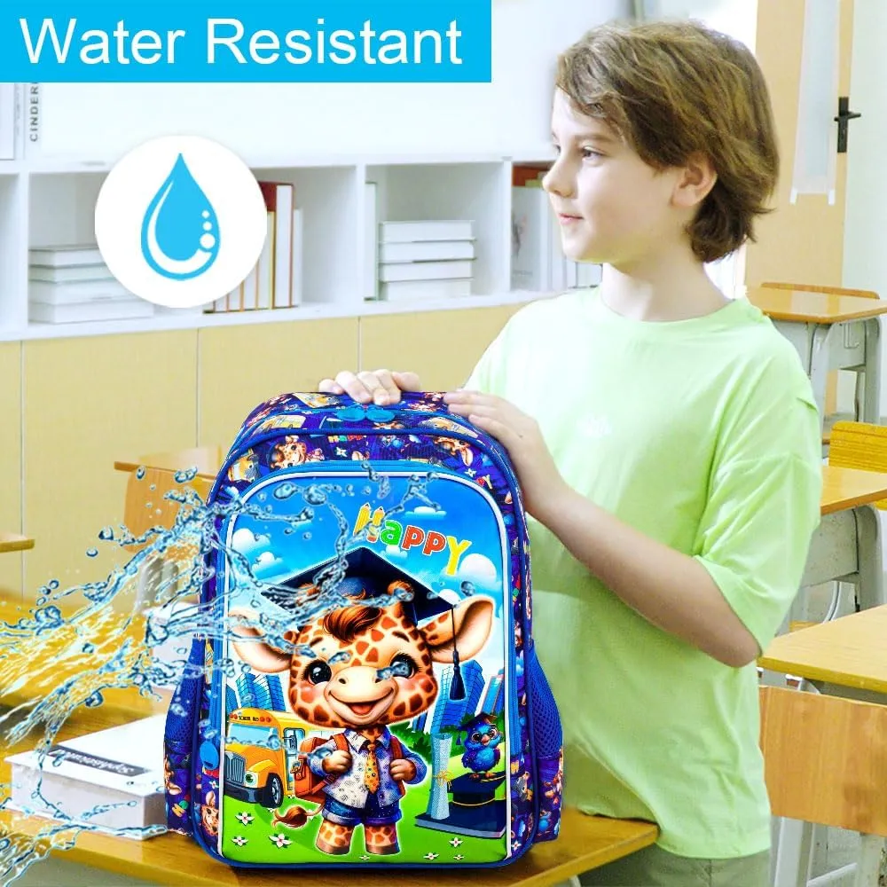 AGSDON 3PCS Kids Backpack for Boys, Toddler Backpacks for Boy with Water Resistant, Cute Giraffe Bookbag for Elementary Preschool