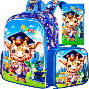 AGSDON 3PCS Kids Backpack for Boys, Toddler Backpacks for Boy with Water Resistant, Cute Giraffe Bookbag for Elementary Preschool