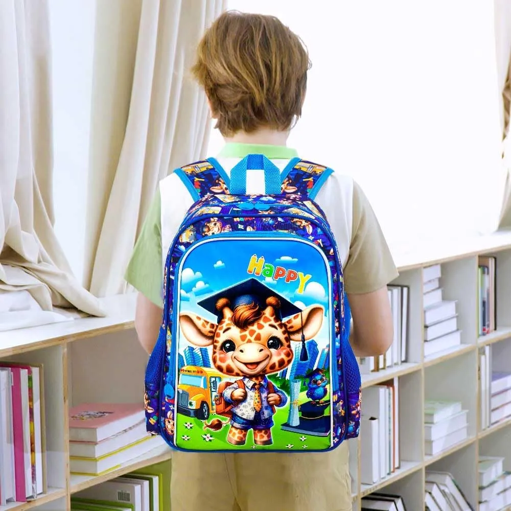 AGSDON 3PCS Kids Backpack for Boys, Toddler Backpacks for Boy with Water Resistant, Cute Giraffe Bookbag for Elementary Preschool