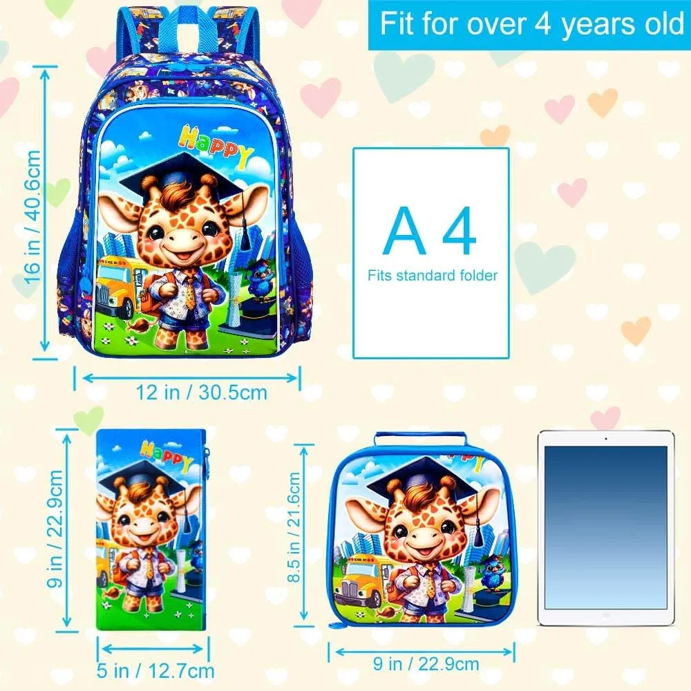 AGSDON 3PCS Kids Backpack for Boys, Toddler Backpacks for Boy with Water Resistant, Cute Giraffe Bookbag for Elementary Preschool