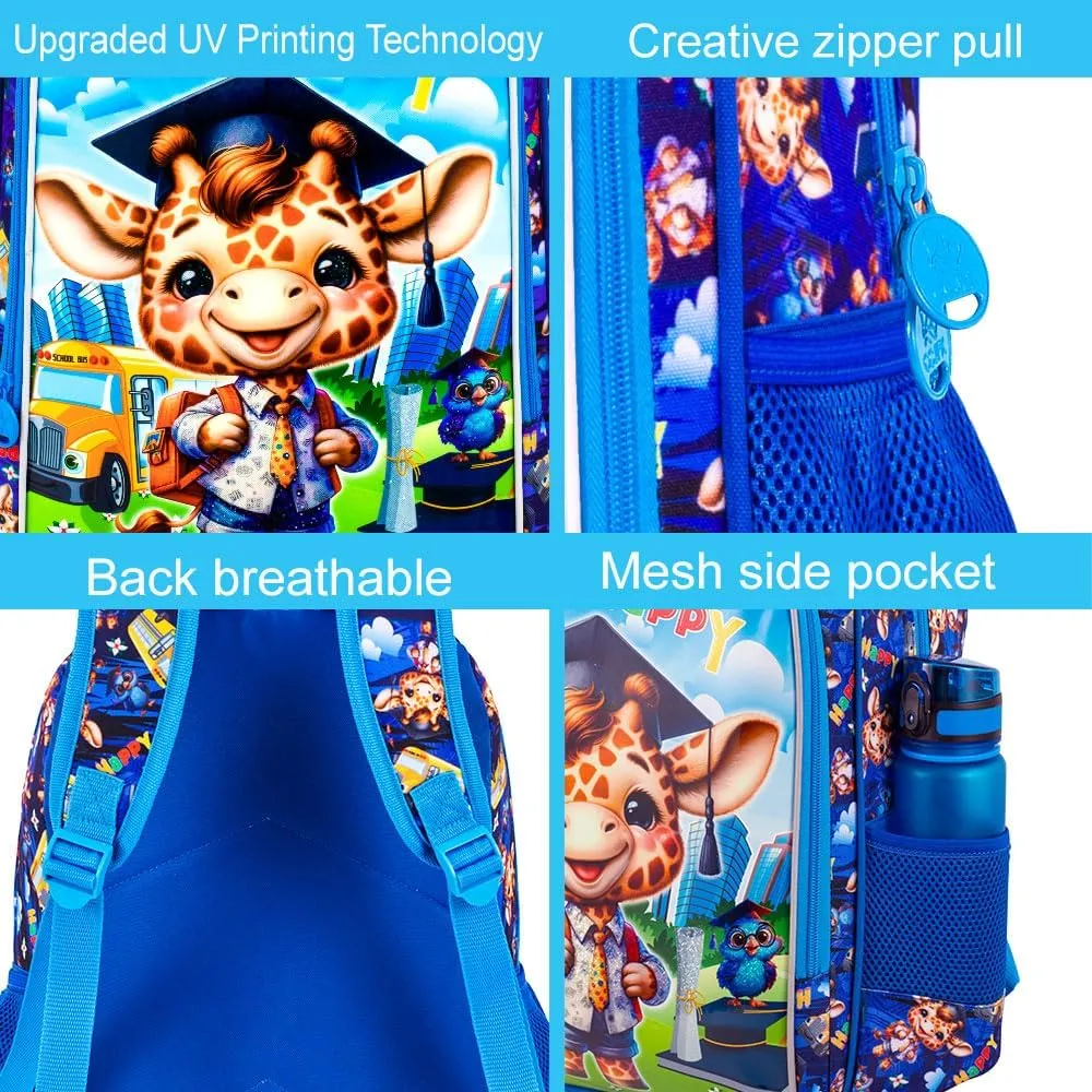 AGSDON 3PCS Kids Backpack for Boys, Toddler Backpacks for Boy with Water Resistant, Cute Giraffe Bookbag for Elementary Preschool