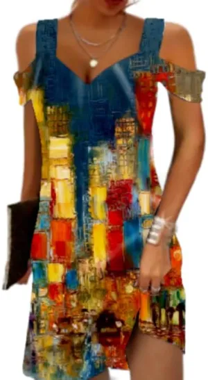 Akivide Womens Floral Boho Cold Shoulder Dress Summer Beach Vacation Casual Loose Knee Length Shift Tunic Dresses