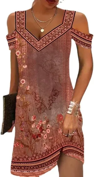 Akivide Womens Floral Boho Cold Shoulder Dress Summer Beach Vacation Casual Loose Knee Length Shift Tunic Dresses