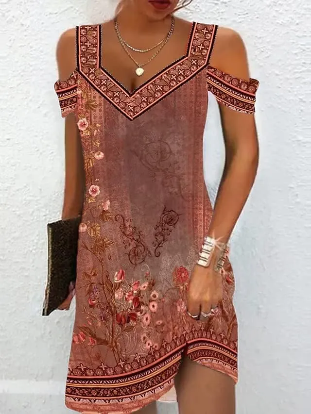 Akivide Womens Floral Boho Cold Shoulder Dress Summer Beach Vacation Casual Loose Knee Length Shift Tunic Dresses