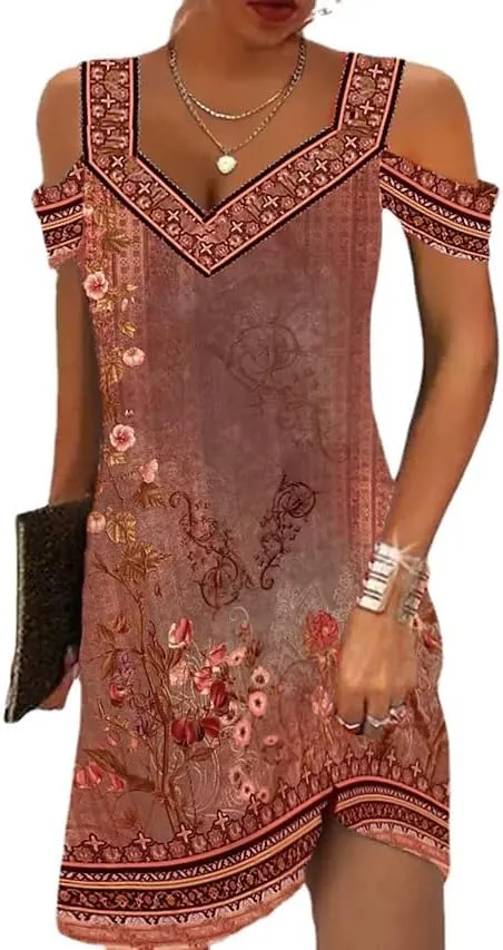 Akivide Womens Floral Boho Cold Shoulder Dress Summer Beach Vacation Casual Loose Knee Length Shift Tunic Dresses