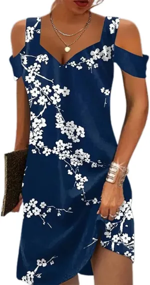 Akivide Womens Floral Boho Cold Shoulder Dress Summer Beach Vacation Casual Loose Knee Length Shift Tunic Dresses