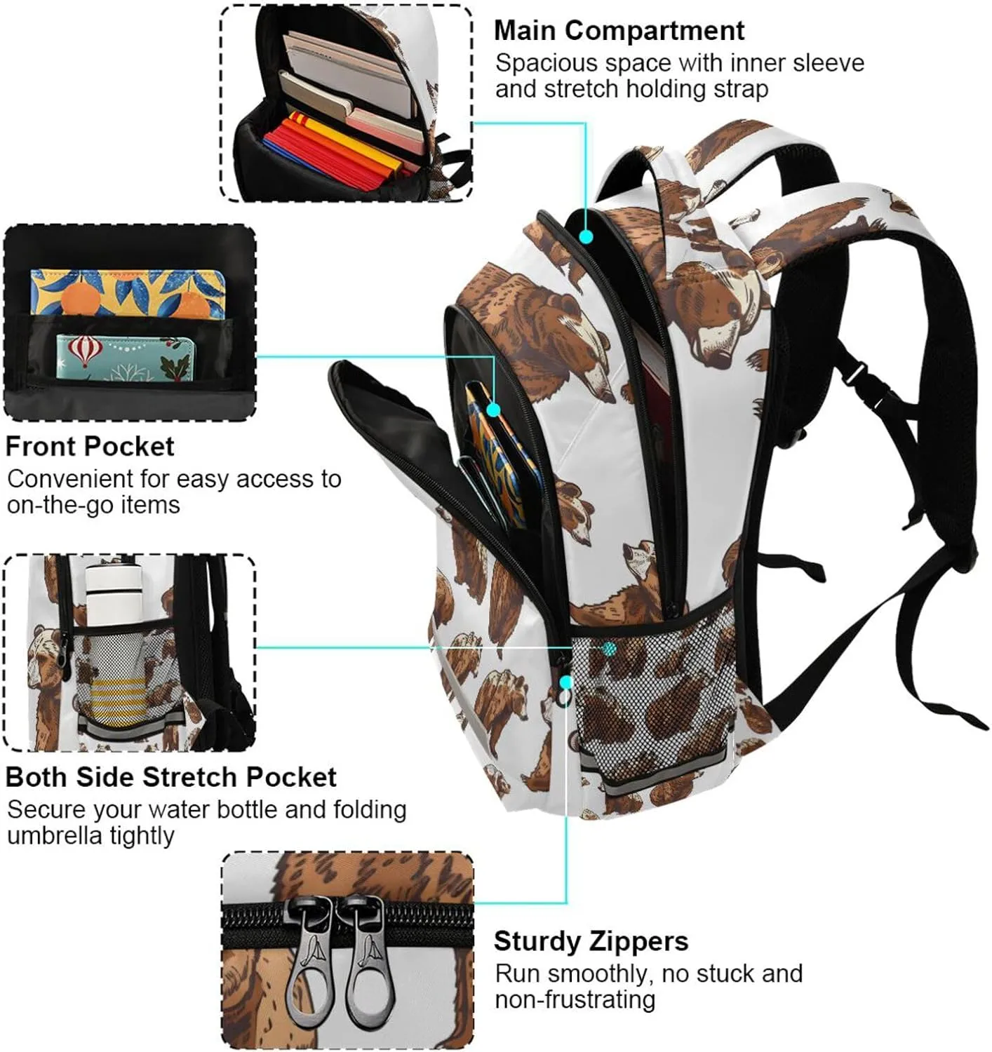ALAZA Cute Grizzly Bears Backpacks Travel Laptop Daypack School Book Bag for Men Women Teens Kids