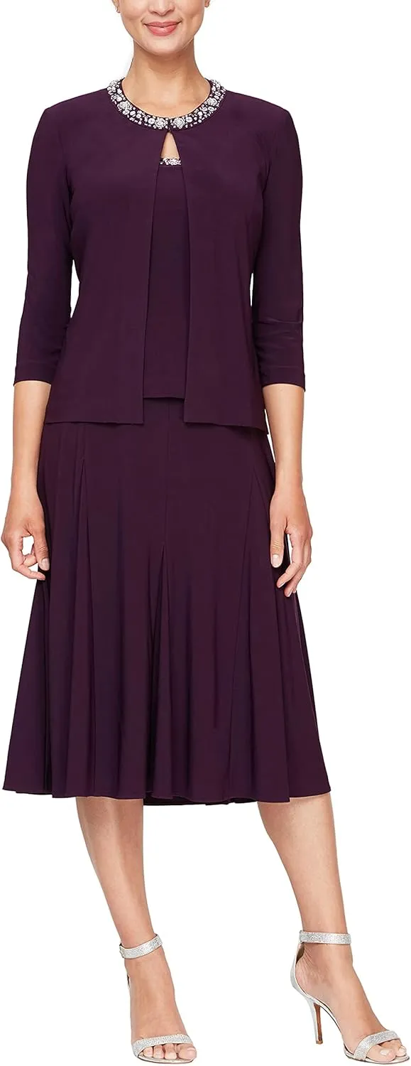 Alex Evenings Women's 2 Piece Tea Length Jacket Dress with Sequin Beaded Trim