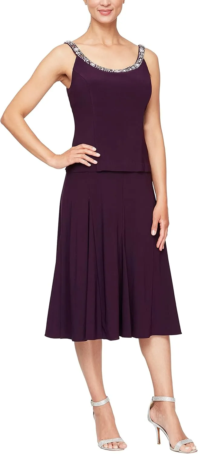 Alex Evenings Women's 2 Piece Tea Length Jacket Dress with Sequin Beaded Trim