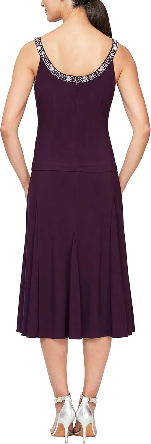 Alex Evenings Women's 2 Piece Tea Length Jacket Dress with Sequin Beaded Trim