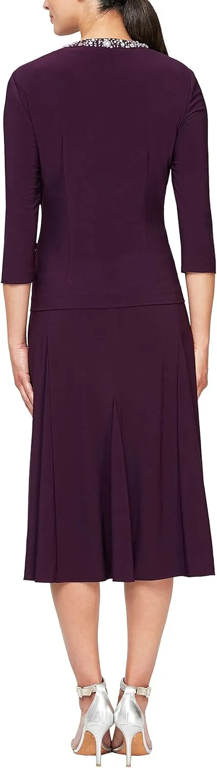 Alex Evenings Women's 2 Piece Tea Length Jacket Dress with Sequin Beaded Trim