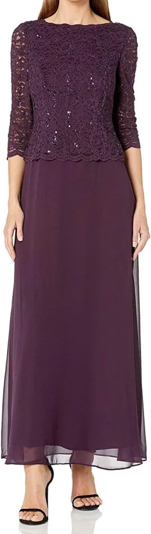 Alex Evenings Women's 3/4 Sleeve Stretch Lace Bodice One Piece Mother of The Bride Dress (Petite and Regular Sizes)