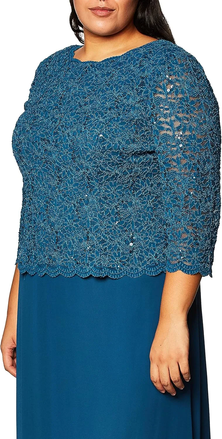 Alex Evenings Women's 3/4 Sleeve Stretch Lace Bodice One Piece Mother of The Bride Dress (Petite and Regular Sizes)