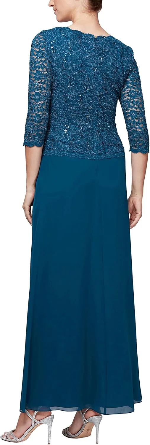 Alex Evenings Women's 3/4 Sleeve Stretch Lace Bodice One Piece Mother of The Bride Dress (Petite and Regular Sizes)