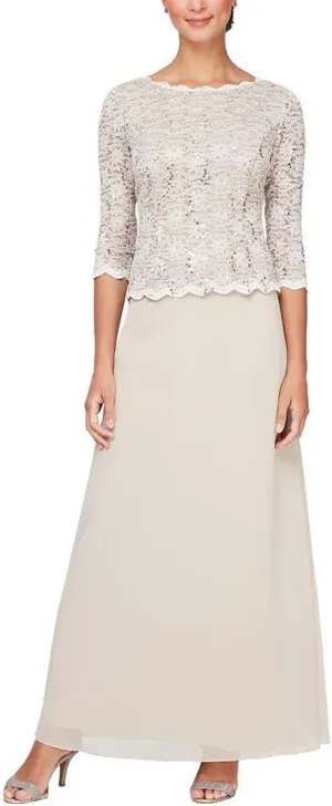 Alex Evenings Women's 3/4 Sleeve Stretch Lace Bodice One Piece Mother of The Bride Dress (Petite and Regular Sizes)