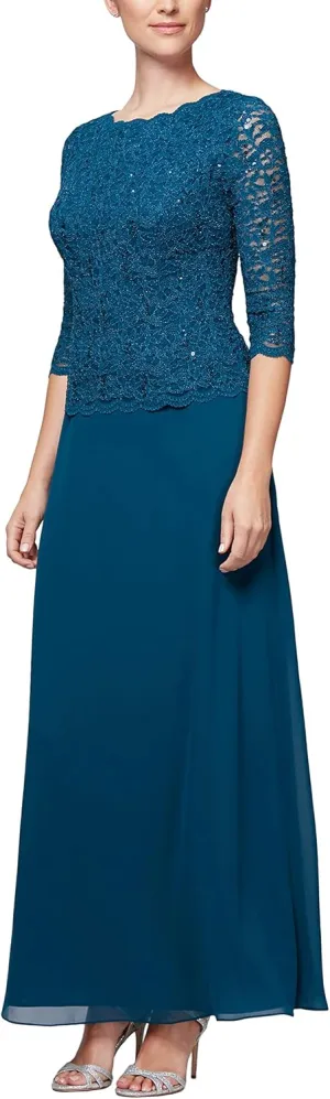 Alex Evenings Women's 3/4 Sleeve Stretch Lace Bodice One Piece Mother of The Bride Dress (Petite and Regular Sizes)