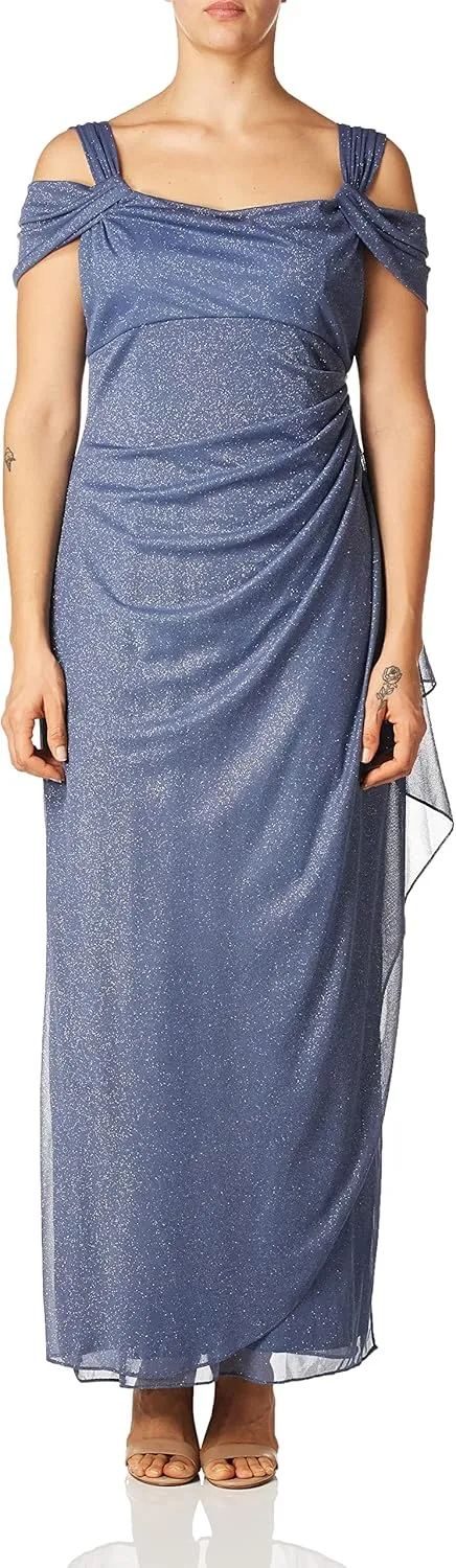 Alex Evenings Women's Long Cold Shoulder Dress, Mother of The Bride, Formal Events, (Petite and Regular Sizes)