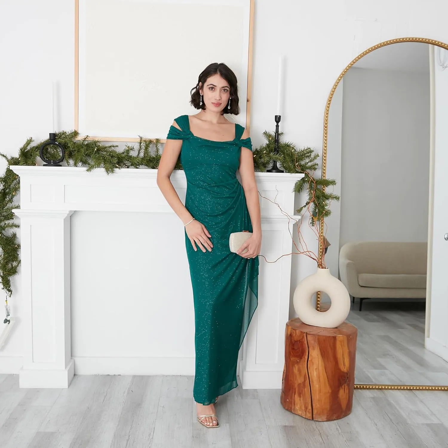 Alex Evenings Women's Long Cold Shoulder Dress, Mother of The Bride, Formal Events, (Petite and Regular Sizes)