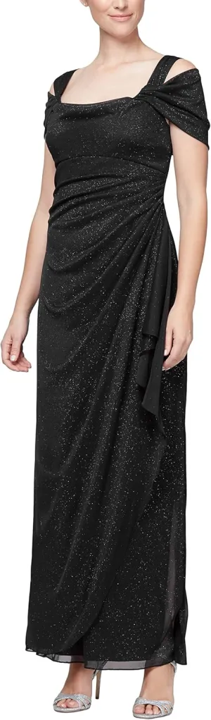 Alex Evenings Women's Long Cold Shoulder Dress, Mother of The Bride, Formal Events, (Petite and Regular Sizes)