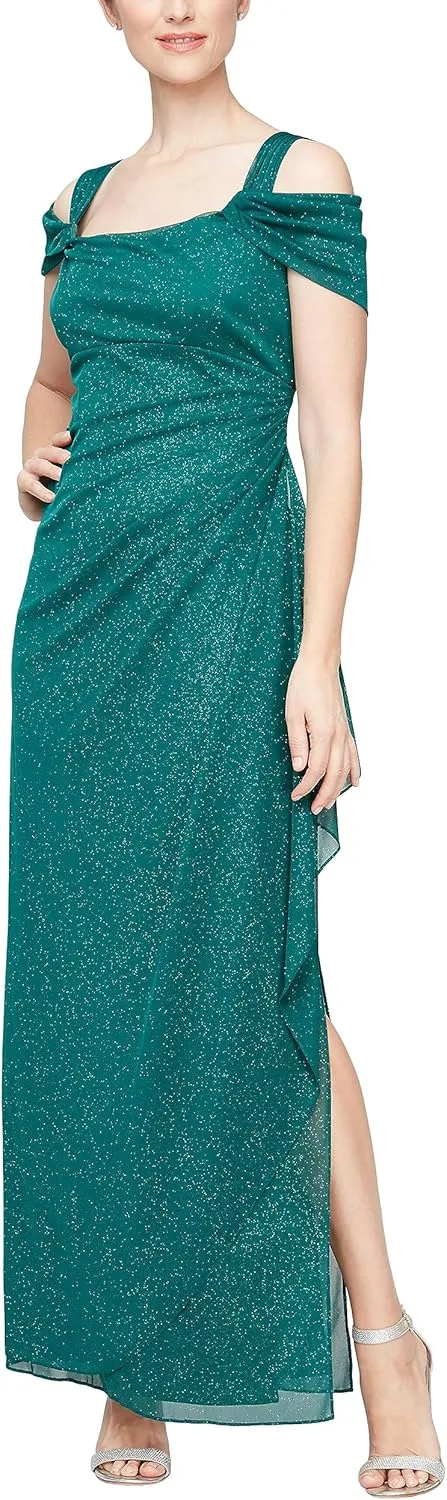 Alex Evenings Women's Long Cold Shoulder Dress, Mother of The Bride, Formal Events, (Petite and Regular Sizes)