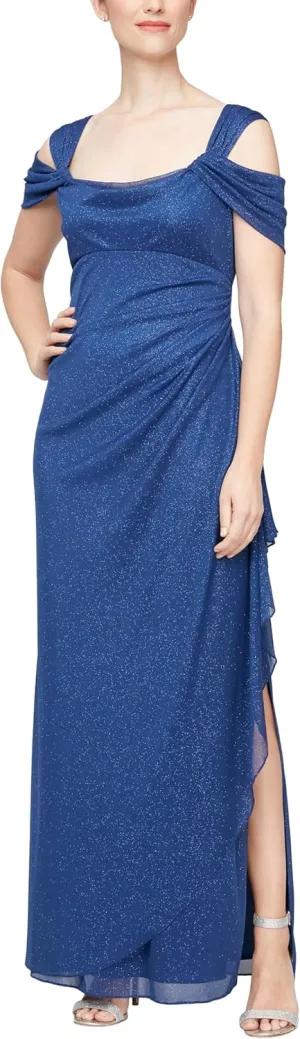 Alex Evenings Women's Long Cold Shoulder Dress, Mother of The Bride, Formal Events, (Petite and Regular Sizes)